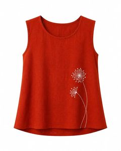 Top Rojo sin Mangas para Mujer, Tejido, con Bordado Floral, Cuello Redondo, Estilo Casual, Primavera - Product Image 2