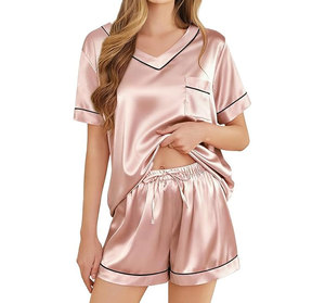 Pijamas de Seda al por Mayor para Mujer, Conjunto de 2 Piezas de Satén de Manga Corta, Ropa de Dormir Suave con Cuello en V - Product Image 5