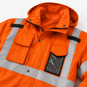 <b>Heavy</b> <b>Duty</b> Hi Visibility Polyester Workwear Safety Jacket Reflective <b>Tape</b> Hood Dual Chest Pockets Side Hand Pockets Elastic Cuff - Product Image 5