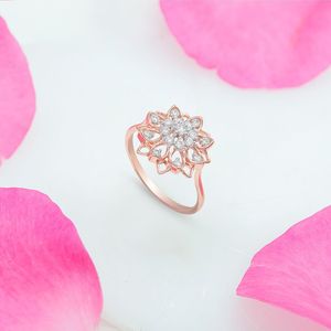 Elegant 14K Rose Gold Floral Diamond <b>Ring</b> Lotus Flower Cluster <b>Statement</b> <b>Ring</b> Unique Filigree Anniversary Jewelry for Women - Product Image 3