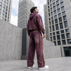 Conjunto de Ropa Urbana Vintage Personalizada para Hombre, Sudadera con Capucha Lavada al Ácido, Pantalones Deportivos Anchos con Pedrería y Chenilla - Product Image 1