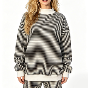 Womens Mock Neck Sweatshirt Slouchy Drop Shoulder Black White Striped Pullover Fleece Twin Set - Product Image 3