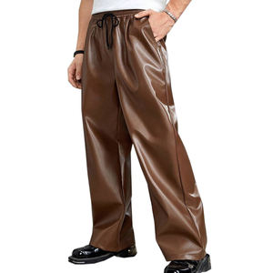 Pantalones Anchos de Cuero PU Marrón para Hombre, Cintura Elástica con Cordón, Estilo Casual para Otoño, con Bolsillos Laterales - Product Image 1