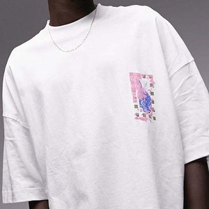 T-shirt en coton blanc surdimensionné avec motif imprimé sur le devant, décontracté, manches courtes, col rond, coupe jersey pour homme - Product Image 3