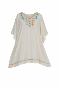 Vestido Kaftán de Verano Casual para Playa, Mini, Blanco, con Bordado, Estilo Bohemio, Ecológico, de Viscosa, Cuello en V, Transpirable, Fabricante - Product Image 2