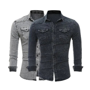 เสื้อเชิ้ตเดนิมสำหรับผู้ชาย - ทรงเข้ารูป คอปกแบบคุณปู่ สีน้ำเงินอินดิโกพรีเมียม - Product Image 1