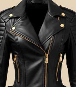 Veste de motard en cuir noir pour femme, faite à la main, coupe ajustée, en cuir véritable, avec détails matelassés aux épaules et ferrures dorées - Product Image 1