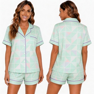 Ensemble de pyjama à manches courtes pour femmes, rose à fleurs, avec col rabattu, fermeture à boutons, vêtements de nuit d'été - Product Image 2