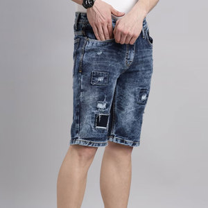 Men's Blue Denim Shorts High Waist Straight Leg Ripped Distressed Casual Streetwear Summer Wear Pockets Breathable Cotton Fabric - Product Image 3