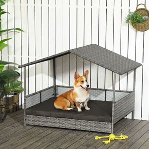 Cama para Perro de Exterior Color Gris Carbón con Toldo de Ratán y Cojín Suave, Funda Extraíble para Perros Medianos y Grandes - Product Image 2