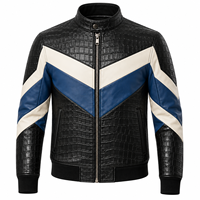 Blouson aviateur en cuir noir premium pour homme, devant en toile, panneaux contrastants bleus et blancs, col montant, fermeture éclair intégrale, imperméable