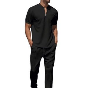 2025 nuevo conjunto de verano para hombre Youth Waffle cuello plano cremallera de color sólido manga corta de color sólido + Pantalones que combinan con todo casual - Product Image 1