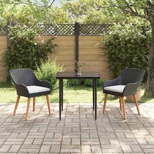 Set da pranzo da giardino in polyrattan nero a 3 pezzi con cuscini, mobili da esterno in stile contemporaneo, struttura in acciaio, gambe in legno massello - Product Image 4