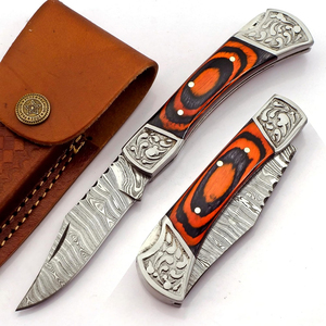Couteau utilitaire pliant en acier Damas, manche en bois Pakka, étui en cuir, ODM OEM, couteau de poche EDC, chasse, camping, qualité industrielle - Product Image 1