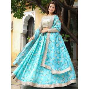 Belle organza Lehenga Choli à imprimé floral bleu ciel avec Dupatta pour vêtements de mariage - Product Image 5