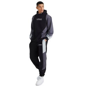 Mens <b>Black</b> and Grey Color-Block Custom Logo Hooded Sweatshirt and Matching <b>Jogger</b> Pants Tracksuit OEM ODM Wholesale Apparel - Product Image 1