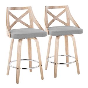 Sgabello da bancone Charlotte 26 pollici a altezza fissa, in legno bianco anticato, tessuto grigio chiaro, metallo cromato, stile rustico, per sala da pranzo - Product Image 1