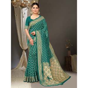 CRÉATEUR BANARASI SOIE JACQUARD TRAVAIL SAREE AVEC BLOUSE NON COUCHÉE VERT MER - Product Image 1