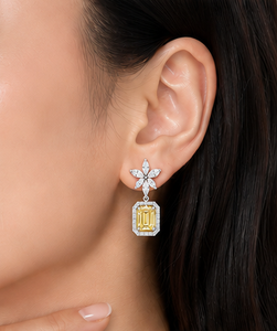 Pendientes de Lujo con Diamantes Amarillos de Corte Esmeralda y Halo, Diseño Floral Marquise, Oro 18K, Joyería Fina para Novia, Regalo de Boda - Product Image 6