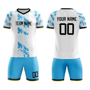 Uniforme de Fútbol Personalizado Blanco y Azul con Estampado Geométrico, Cuello en V, Manga Corta, 100% Poliéster, Absorbe la Humedad, Unisex, para Adultos - Product Image 4