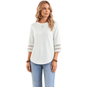 <b>Womens</b> Casual <b>Long</b> Sleeve Top Round Neck Loose Fit <b>Shirt</b> With Lace Sleeve Detail Elegant Everyday Fashion Clothing For <b>Women</b> - Product Image 1