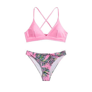Women's Pink Tropical Leaf Print Bikini Set Crossback Halter Top <b>Thong</b> Bottom 2 Piece Swimwear Stretch Fabric Embroidery - Product Image 1