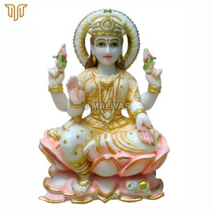 Statue de Mahalakshmi en marbre |   Statuette artisanale de la déesse Lakshmi assise sur un lotus par MALIYAS Jaipur - Product Image 3