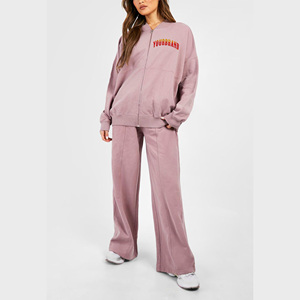 Best Selling Women's <b>Pink</b> <b>Tracksuit</b> Full Zip Hoodie Wide Leg Pants Casual Lounge Wear Set Solid Color Polyester Fleece Loose Fit - Product Image 6