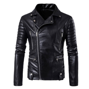 Blouson en cuir PU pour homme, coupe ajustée, avec fermeture éclair oblique, style moto, printemps-automne - Product Image 1