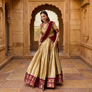 Lehenga Choli de Seda Dorada de Moda con Borde Marrón, Traje Tradicional Indio para Bodas, para Mujer, Largo hasta el Suelo, Corte Holgado - Product Image 4