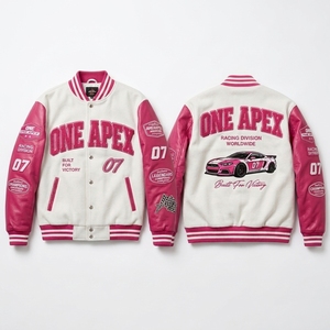 Pink Racing <b>Jacket</b> Custom Letterman <b>Jacket</b> Leather Sleeve Wool Bomber Streetwear Motorsport <b>Jacket</b> - Product Image 1