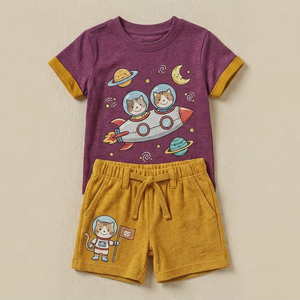 Ensemble deux pièces en coton pour enfants : T-shirt et short – Confortable pour le quotidien, style estival, taille personnalisée - Product Image 1