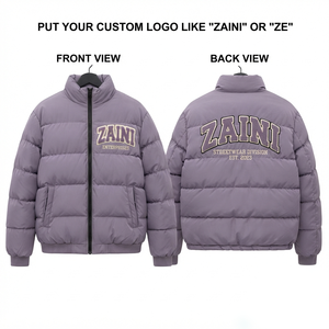 Mens Puffer Jacket 120 GSM Premium Polyester Quilted Light Grey Lavender Custom Chenille Embroidery Logo Winter Coat - Product Image 1