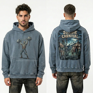 Sweat-shirt à capuche personnalisé rose corail pour homme, motif 'Undead Beach Party', style streetwear vintage vieilli, coupe oversize en coton - Product Image 2