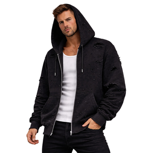 Sweat à capuche unisexe noir déchiré avec fermeture éclair, style vintage, en molleton délavé, streetwear, avec poches, 100 % coton - Product Image 4