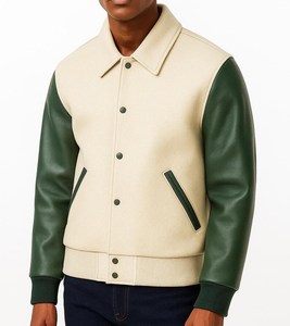 <b>Men's</b> <b>Cream</b> Varsity <b>Jacket</b> Green Leather Sleeves Button Closure Turn-down Collar Casual Autumn Wear Regular Fit - Product Image 1