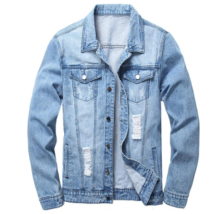 Chaqueta de Mezclilla Azul Claro para Hombre, Estilo Casual, Cuello Camisero, Manga Regular, Diseño Desgastado, Estilo Primavera - Product Image 1