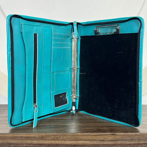 <b>A4</b> Size Hand Tooled Leather Certificate Holder Cowhide Turquoise Multifunctional Portfolio With Zippered Closure & Ring Binders - Product Image 6