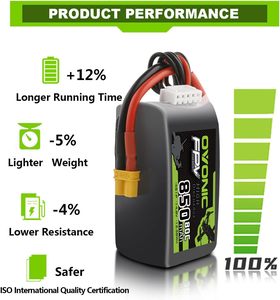 Batterie Lipo OVONIC 4S 850mAh 14.8V 80C avec prise XT30 pour drone FPV Cinewhoop Quadcopters - Product Image 4