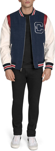 <b>Men's</b> Navy Varsity <b>Jacket</b> With <b>White</b> Sleeves And Red Accents Embroidered C Logo Zipper Closure Preppy Style Autumn Wear - Product Image 5