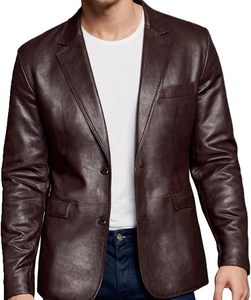 Men's Burgundy Leather Blazer Slim Fit Turn-down Collar Single Button <b>Smart</b> <b>Casual</b> Winter Front Pocket - Product Image 2