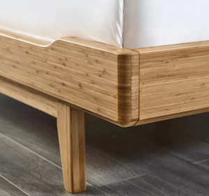 Cadre de lit plateforme moderne en teck massif avec tête de lit à lattes horizontales doubles, pieds effilés, style minimaliste contemporain pour chambre à coucher - Product Image 6