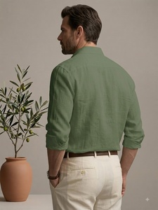Green Cotton <b>Satin</b> Anti-Wrinkle Long Sleeve <b>Shirt</b> Embroidery Front Turn-down Collar Loose Fit Formal Summer Wear Comfortable - Product Image 2