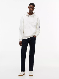 Sweat-shirt à capuche blanc pour homme, coupe classique, poche kangourou sur le devant, logo drapeau sur la manche gauche, haut décontracté - Product Image 1