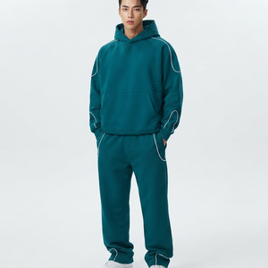 Conjunto de Sudadera con Capucha y Pantalones Deportivos para Hombre, Estilo Urbano, Personalizado con Ribetes, Lavado Ácido, Estampado, 100% Algodón, Corte Regular, OEM ODM - Product Image 1