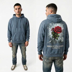 Sudadera con Capucha Azul para Hombre, Estilo Acid Wash, Diseño Gráfico Broken Rose Glass, Streetwear, Vintage, Fabricante de Ropa - Product Image 1
