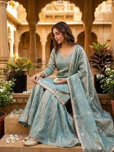 Conjunto de Kurti, Pantalón y Duppata de Seda Tradicional para Mujer, Ropa Étnica Bordada hasta el Suelo, Estilo Holgado para Adultos, Ideal para Bodas en India y Pakistán - Product Image 4