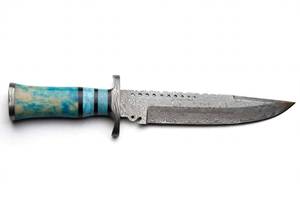 Couteau utilitaire ergonomique à double protection, en acier damas goutte de pluie, fait main, avec manche en résine turquoise et os. - Product Image 4