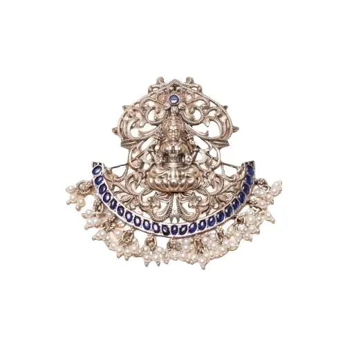Délicieux argent or ton bleu topaze pierre cloutée florale accentuée avec des perles de perles filles pendentif sur des vêtements décontractés au meilleur prix