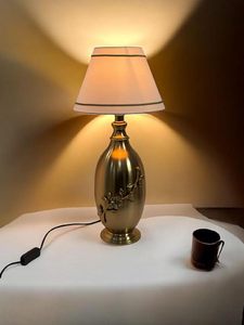 Handmade <b>Antique</b> Brass <b>Table</b> Lamp with Floral Embossed Design Fabric Lampshade <b>Bedside</b> Desk Lamp Vintage Home Decor Nightstand - Product Image 1